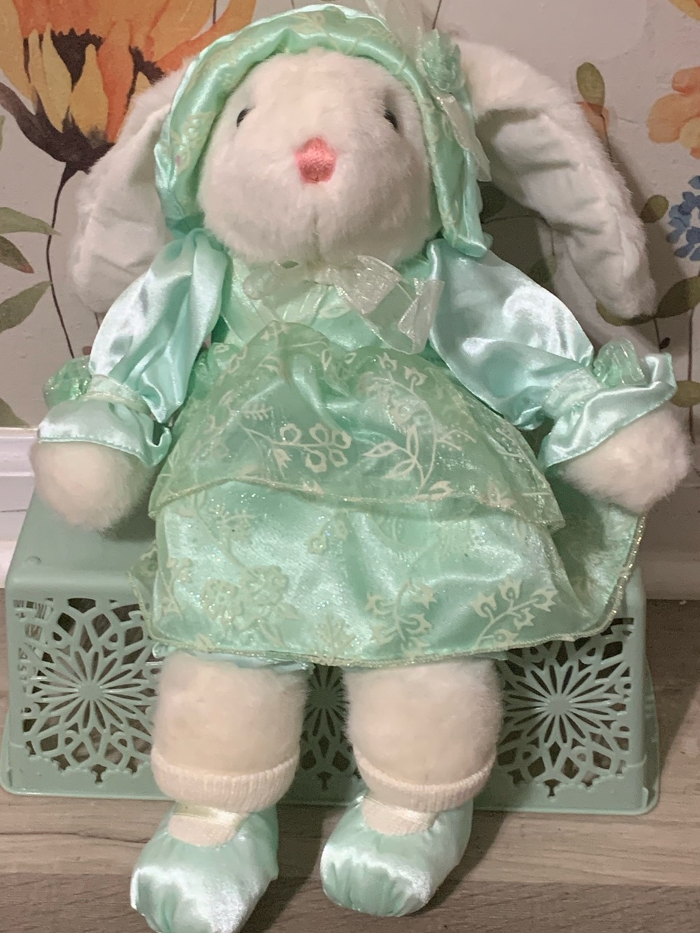 Dandee Vintage Plush Bunny Doll in Mint Green Dress